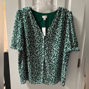 NWT J. Crew Factory Green Floral V-neck Puff Sleeve Button Down Top Size S